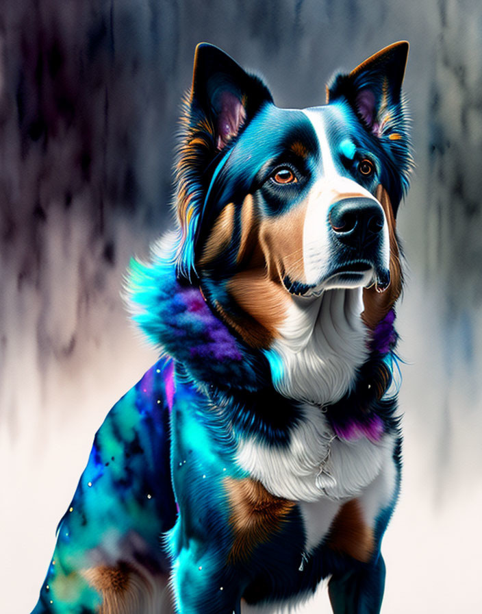 Cosmic patterned dog art with vibrant blues and purples