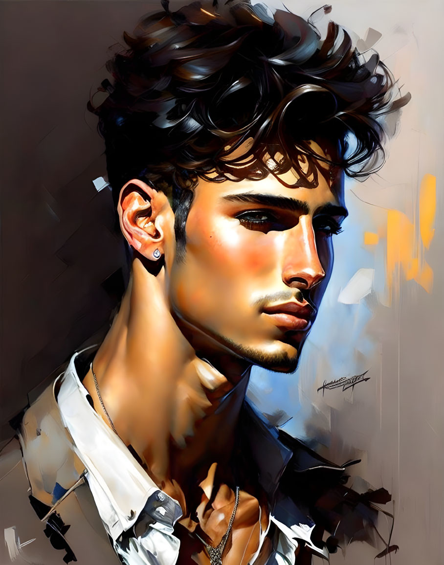 Young man's digital portrait with tousled hair, earring, denim jacket, warm tones, and