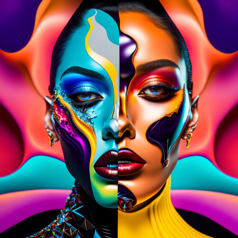 Colorful Makeup Woman with Liquid-Like Effects Portrait