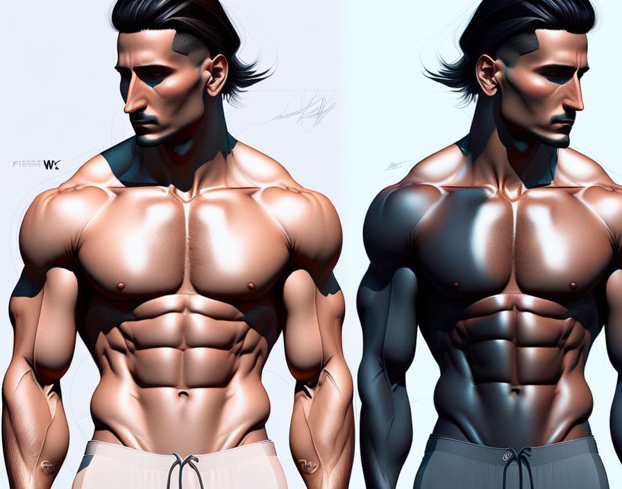 Muscular male figure with two skin tones in digital art.