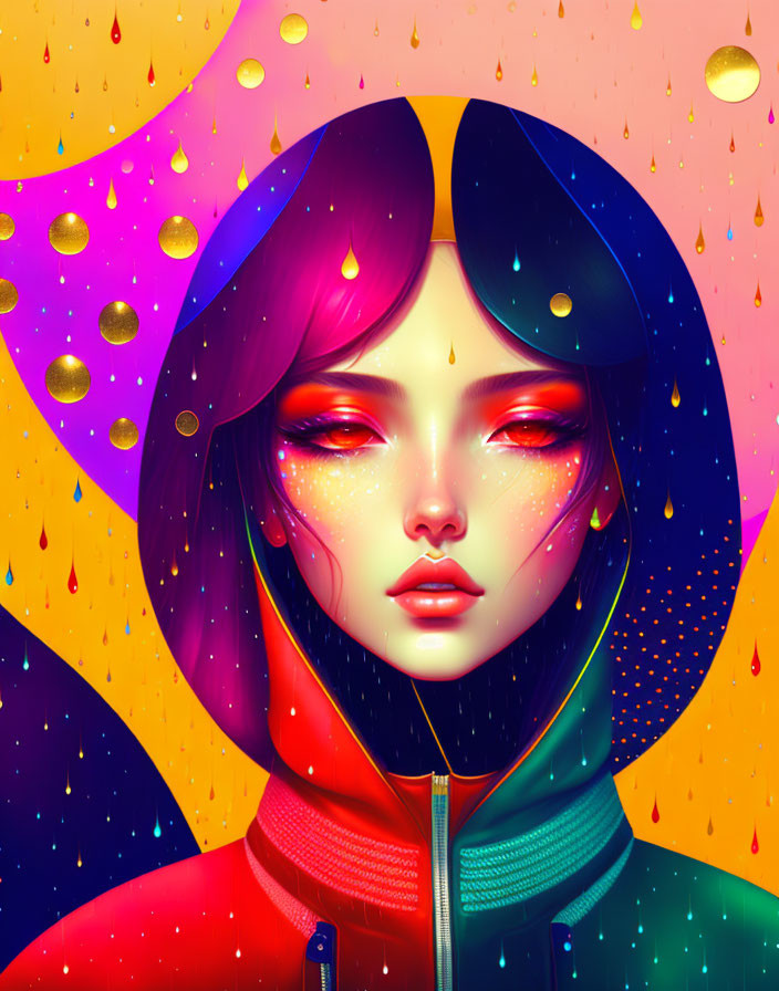 Vibrant digital artwork of a cosmic woman with raindrops on an orange background