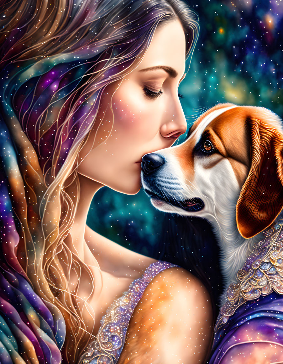 Cosmic-haired woman bonding with beagle under starry sky