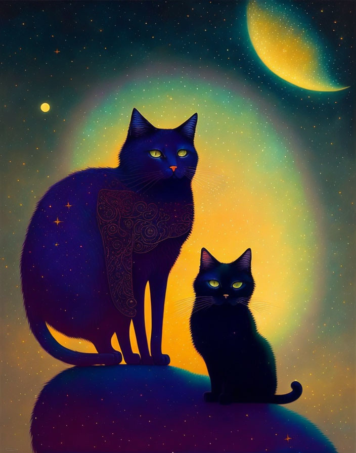 Stylized cosmic cats in night sky with moon & stars