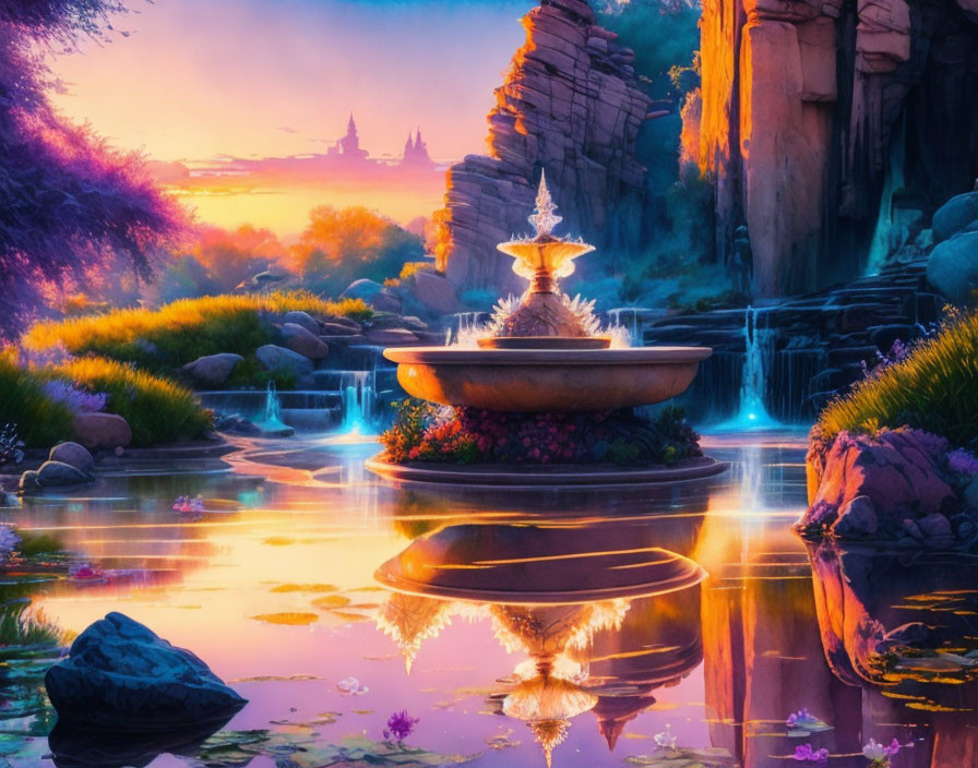 Fantasy landscape at dusk with glowing fountain and vibrant flora