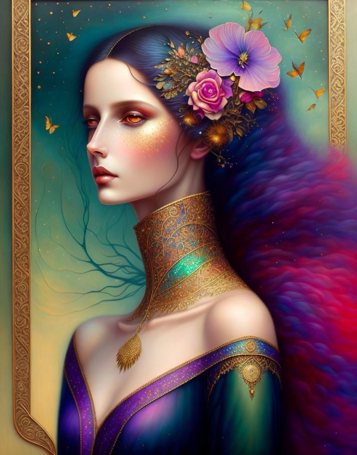 Colorful portrait of woman with blue skin and rainbow hair in ornate jewelry on starry backdrop