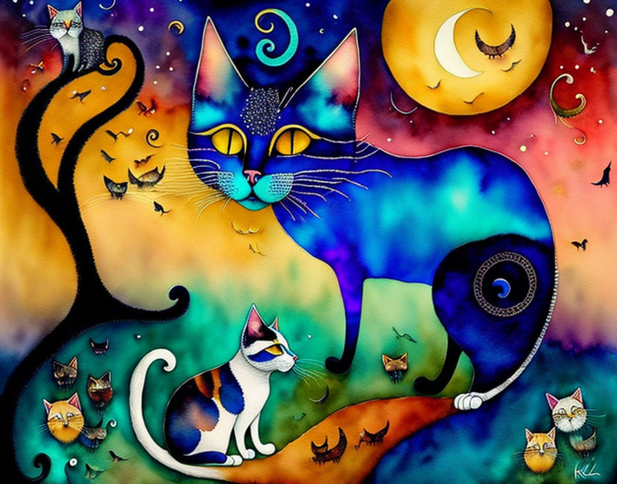 Whimsical cat illustration in vibrant dream-like landscape