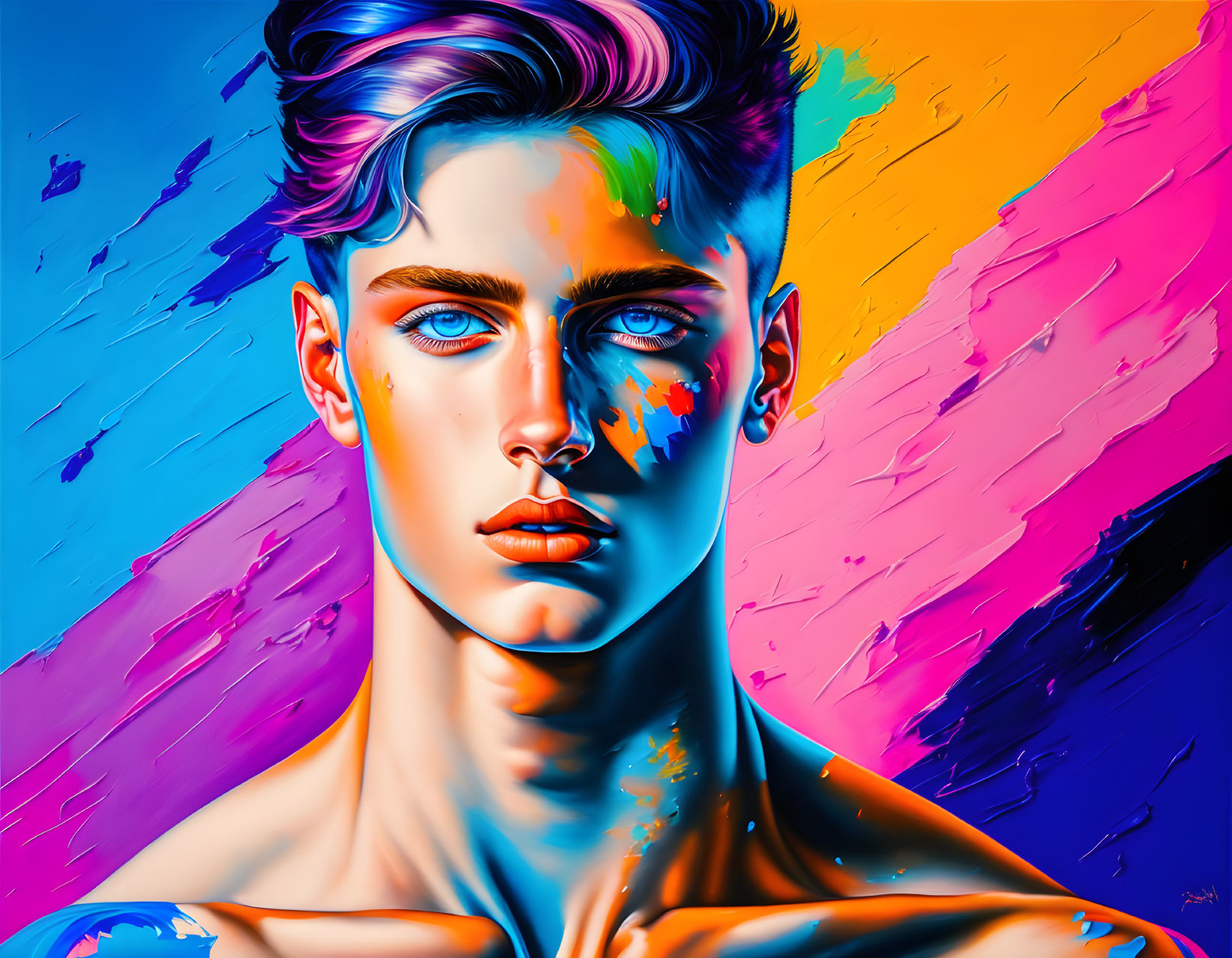 Colorful digital artwork: stylized male figure with blue hair and piercing eyes on abstract background