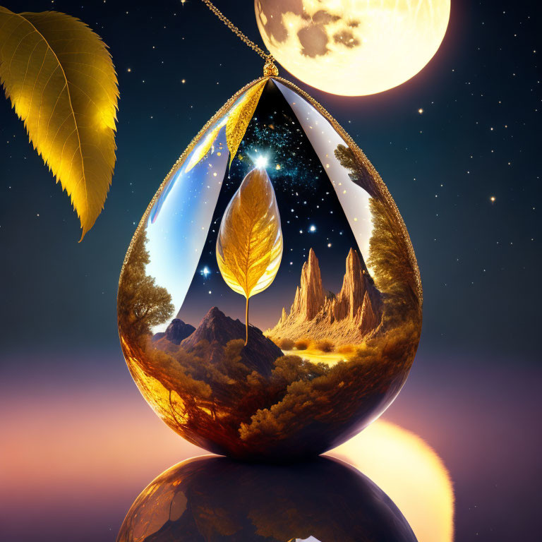 Surreal drop-shaped pendant with cosmic landscape on golden leaf under full moon