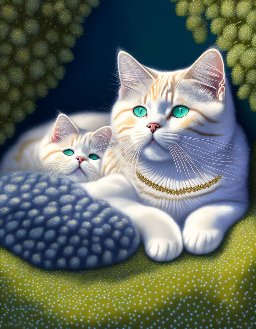 Two Cats with Striking Blue Eyes and Gold Necklace on Blue and Green Dotted Background