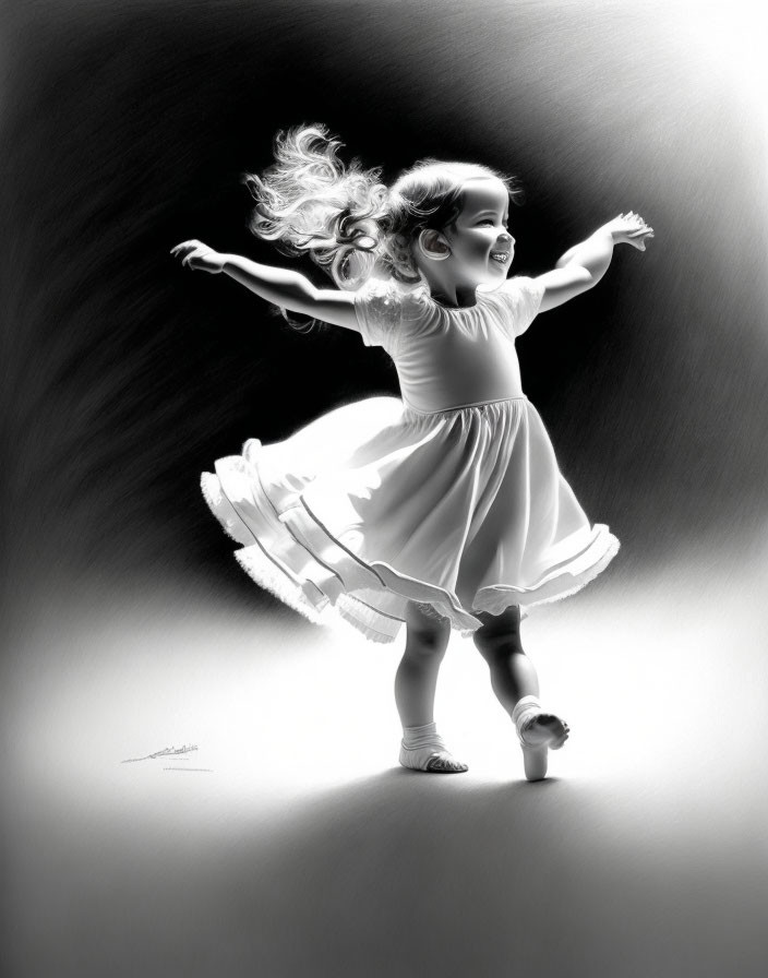 Monochrome artwork of dancing young girl with flowing hair and dress