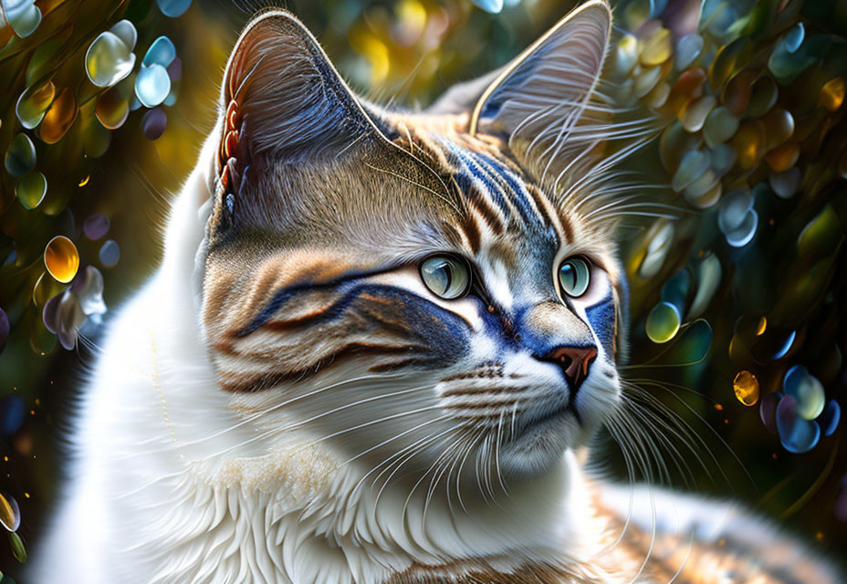 Majestic cat with green eyes and tabby markings in blurred background