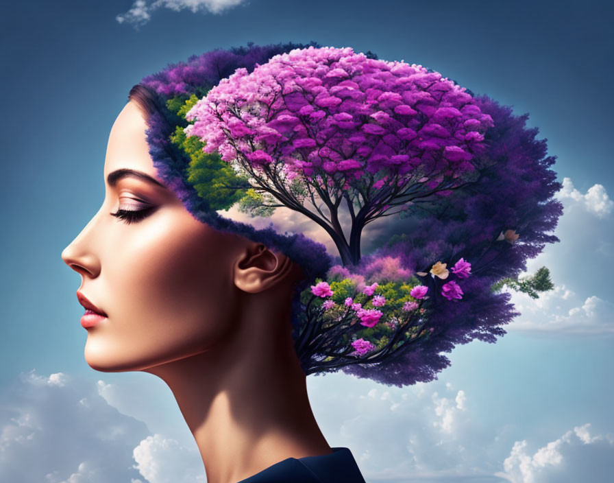 Woman's Profile with Tree Hair Blooming Purple Flowers on Cloudy Sky