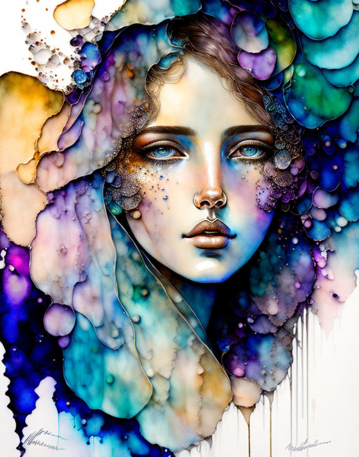 Colorful Watercolor Portrait of Woman in Blue and Purple Hues