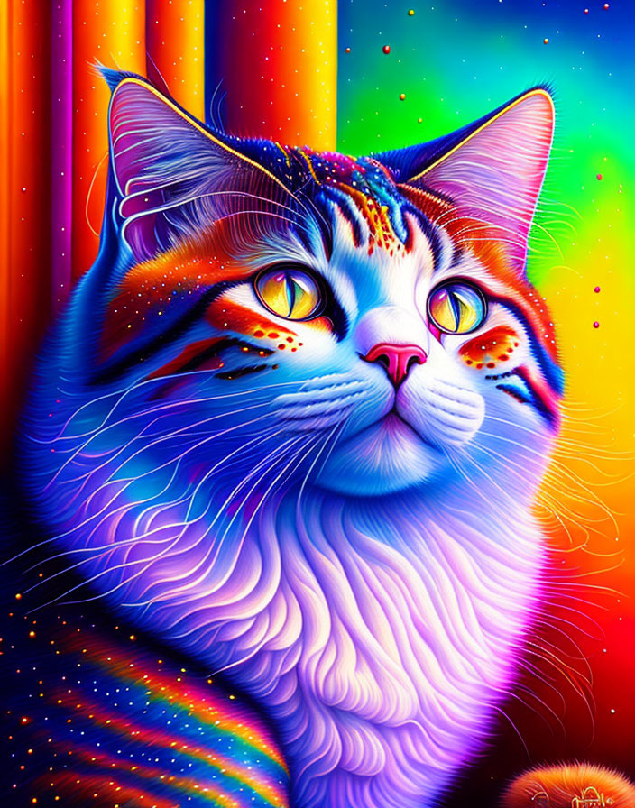 Colorful digital artwork: Cat with multi-colored fur on rainbow background