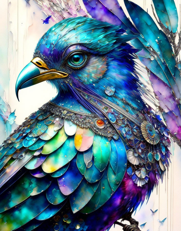 Colorful bird with blue and green plumage and intricate patterns