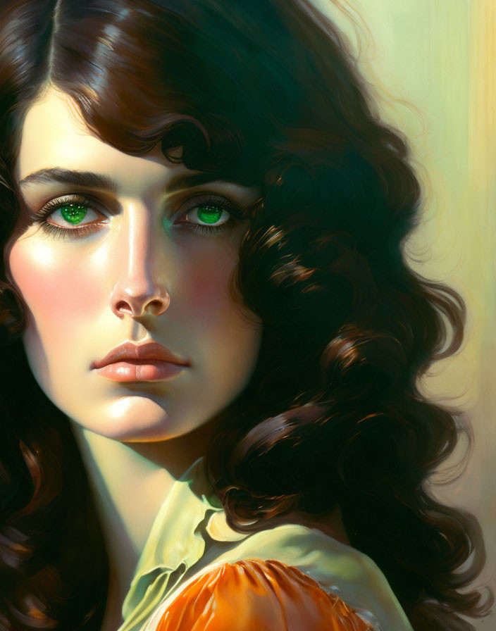 Portrait of a woman with green eyes, wavy brown hair, and yellow garment in realistic art style