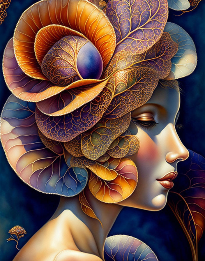 Woman with Floral Headpiece in Warm Tones and Whimsical Fantasy Theme