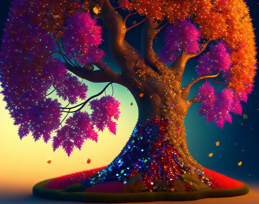 Colorful Glowing Tree on Magical Hill at Twilight