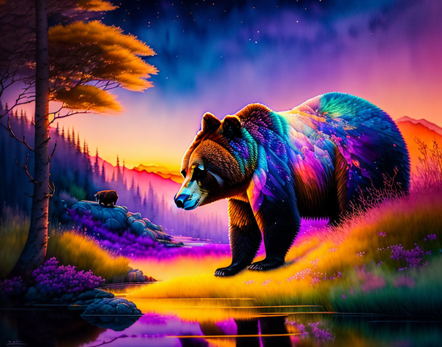 Colorful Rainbow Bear in Twilight Landscape