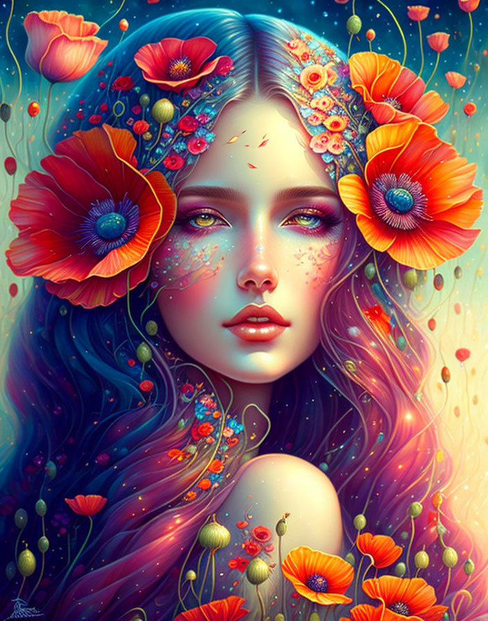 Colorful illustration of a woman with blue hair surrounded by red poppies and flowers