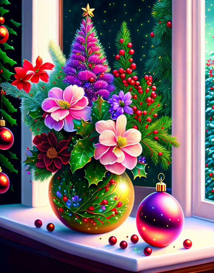 Colorful Christmas illustration with flowers, bauble, berries, and lit tree.