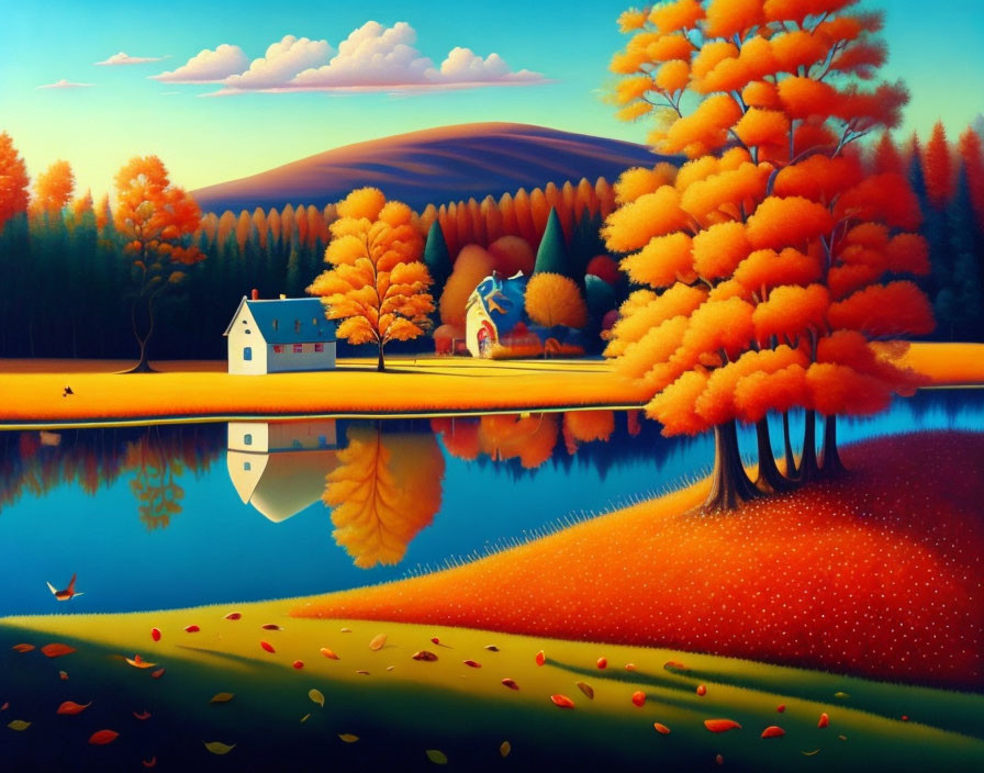 Scenic autumn landscape with lake, orange trees, house, hills, and blue sky