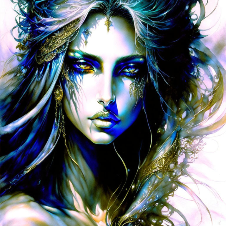 Mythical woman with blue skin and gold jewelry on vibrant background