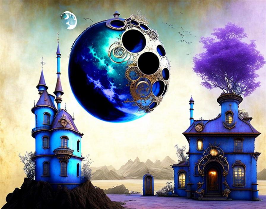 Whimsical blue houses and celestial body with gears in twilight landscape