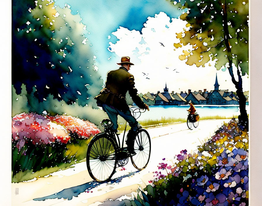 Colorful watercolor illustration of two cyclists on a path with flowers and buildings