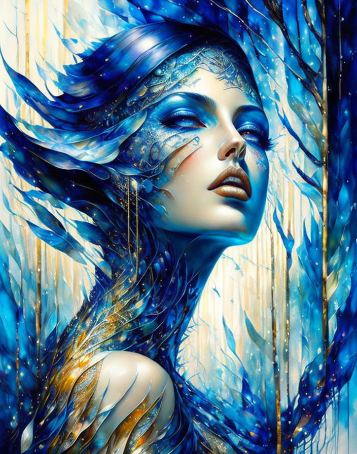 Blue-skinned woman with gold adornments in digital art