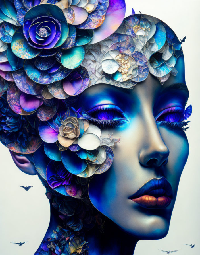 Colorful digital artwork: Woman's face with blue skin & intricate headdress of flower-like spirals