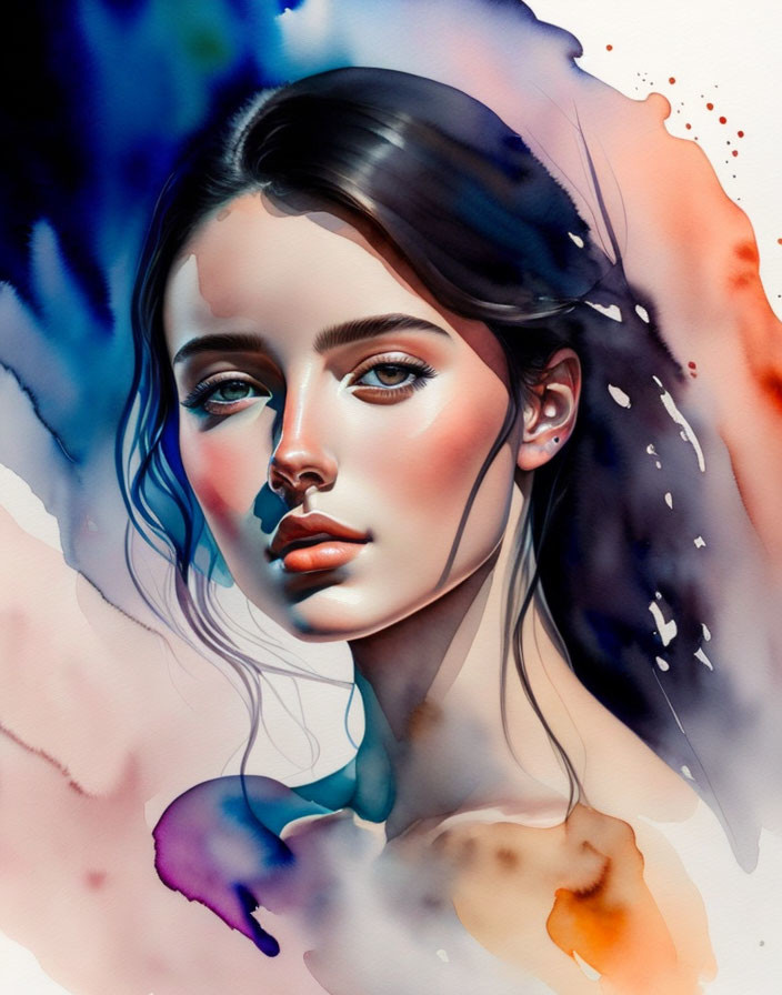 Woman's portrait in watercolor with realistic and abstract blue and purple splashes