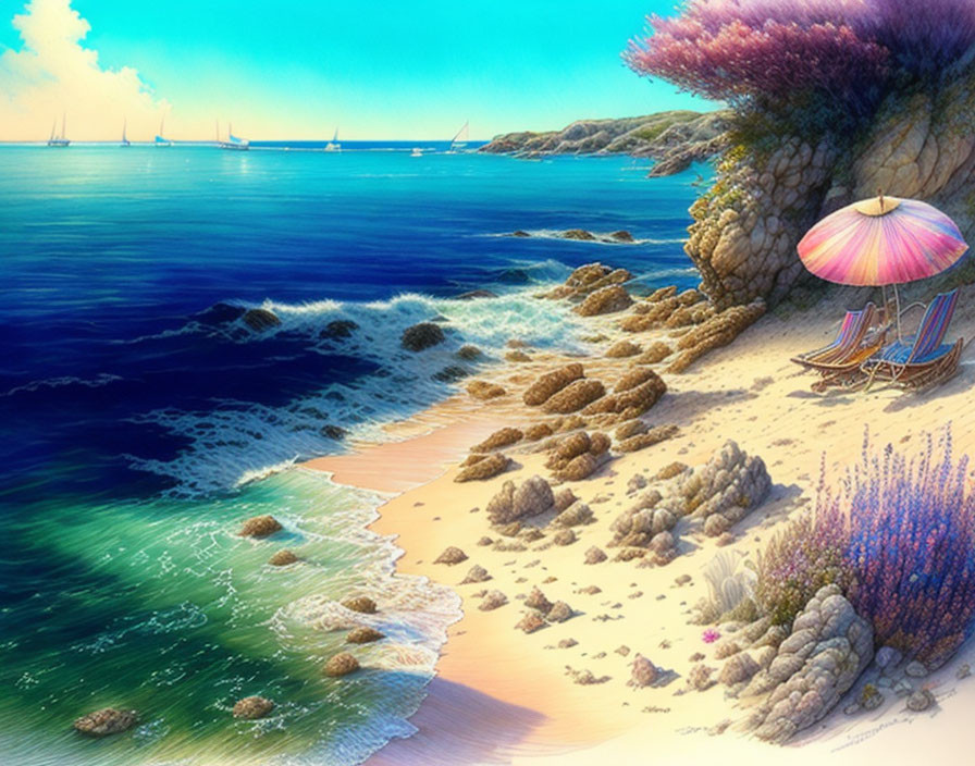 Tranquil beach scene with chairs, umbrella, yachts, rock formation, flowers, and gentle