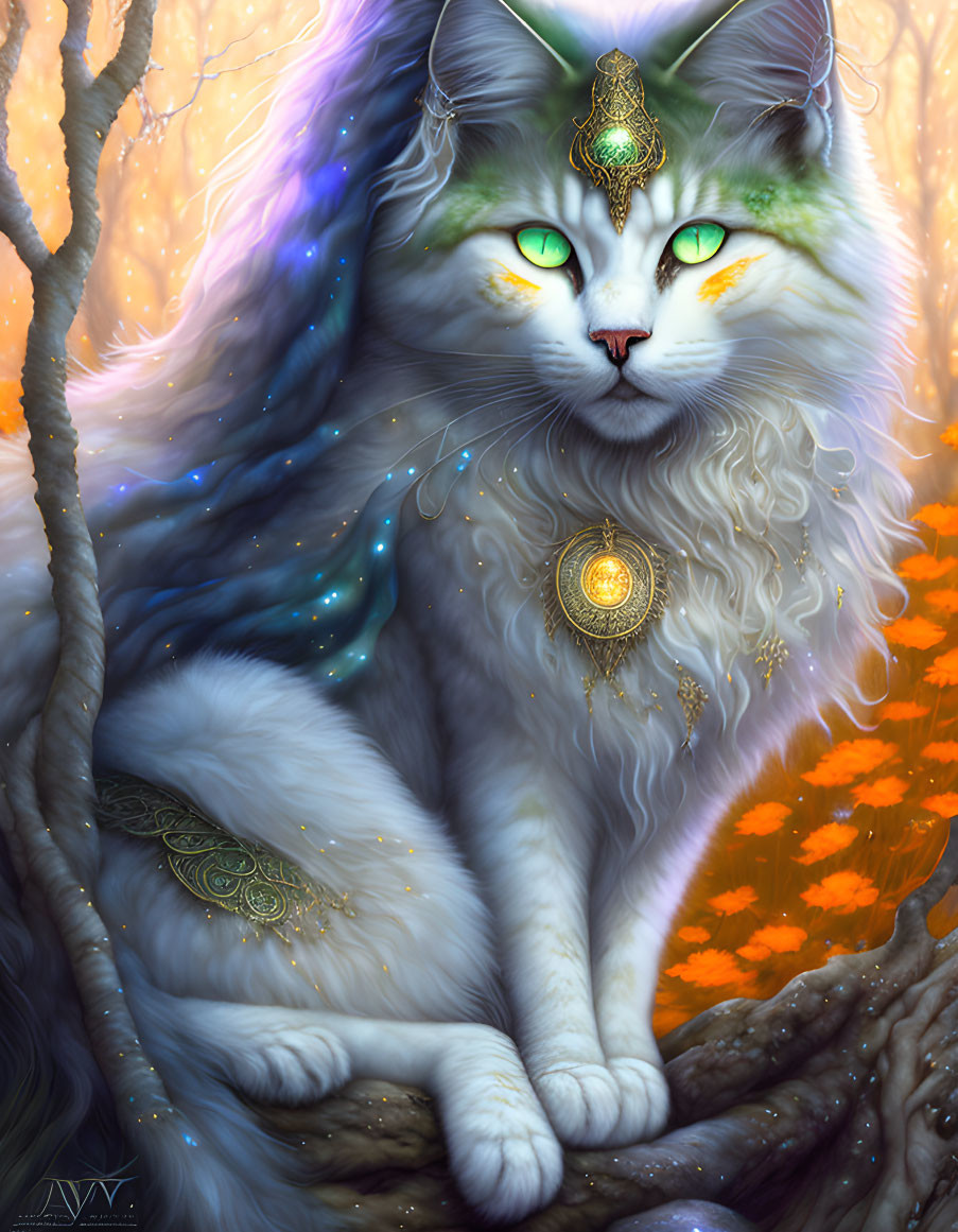 Majestic fantasy cat with green eyes in mystical forest with golden jewelry