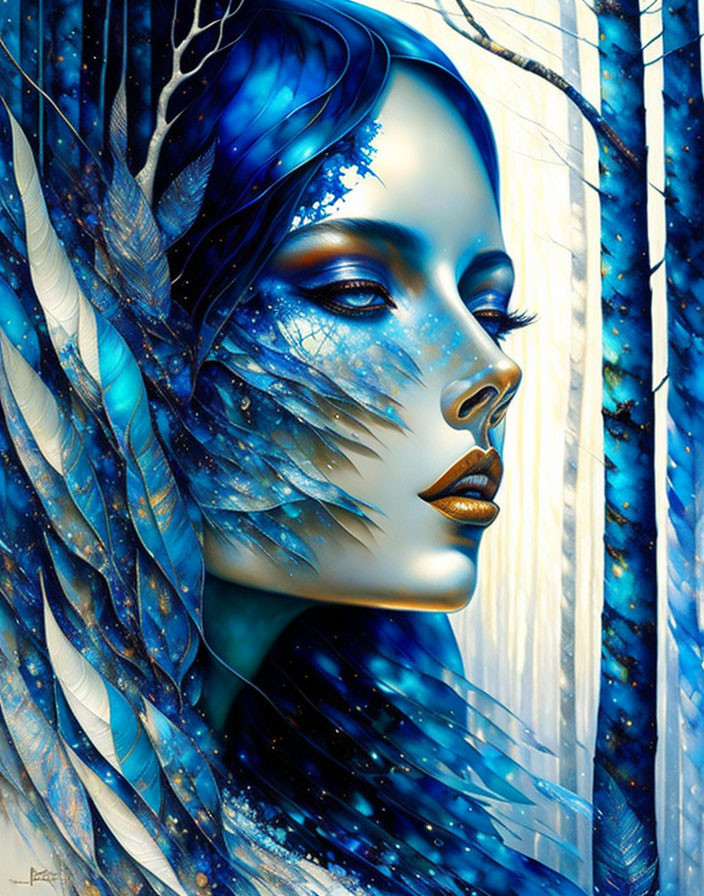 Digital artwork: Woman with blue skin and feathers in starry night forest background