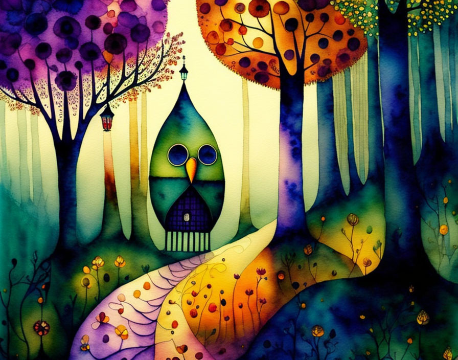 Colorful Watercolor Painting: Forest Scene with Owl-shaped House