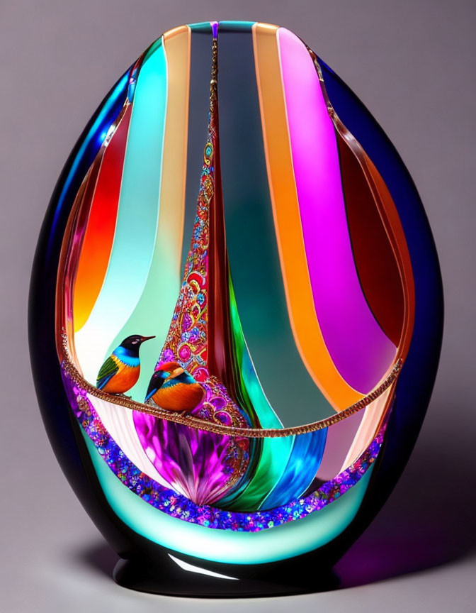 Colorful Glass Egg Sculpture with Bird and Swirling Stripes