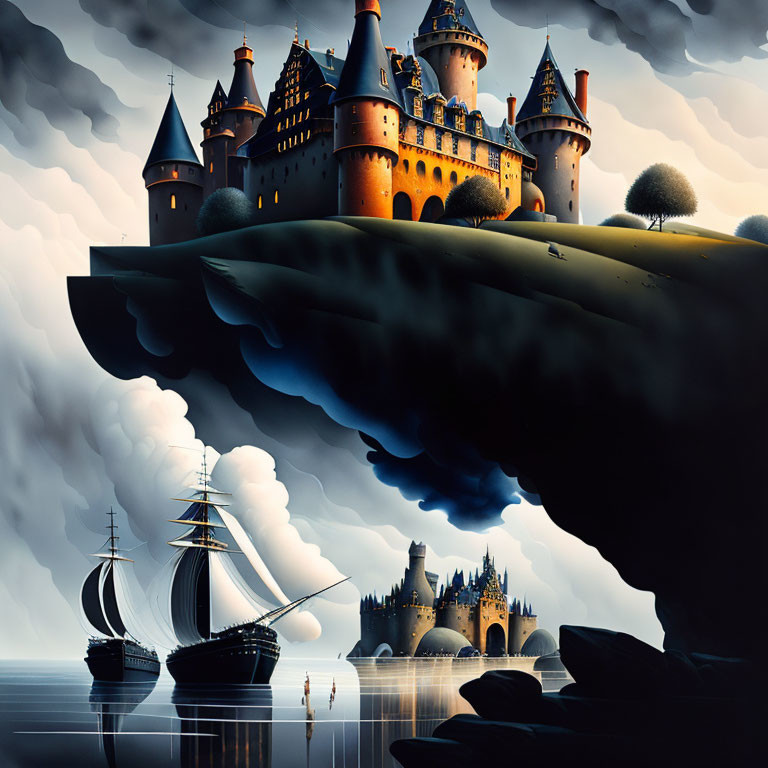 Cliff-top castle overlooks ships with mirror reflection in surreal twilight.