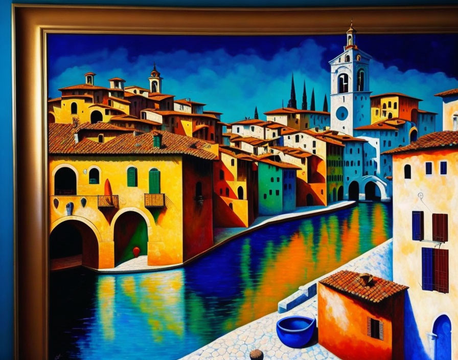 Colorful European Village Painting with River and Clear Sky