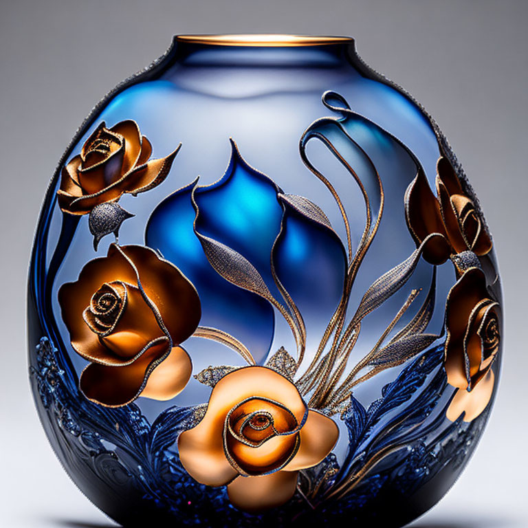 Golden roses on ornate vase with leaf patterns on blue gradient background