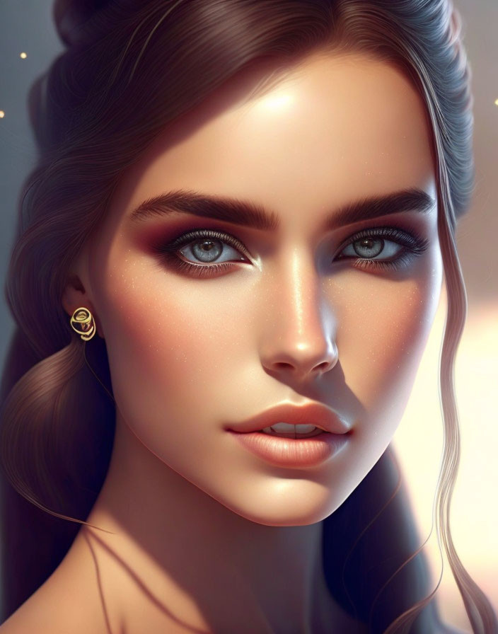 Digital portrait of a woman: Striking blue eyes, defined eyebrows, glossy lips, subtle earrings.