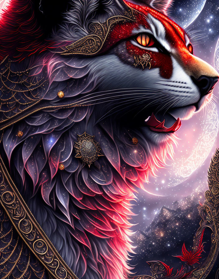 Illustrated Wolf with Red Eyes in Mystical Nebula Background