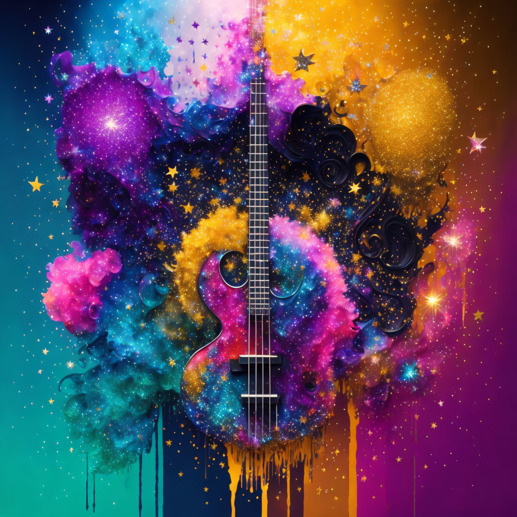 Colorful cosmic guitar amidst nebula explosion symbolizing creative fusion