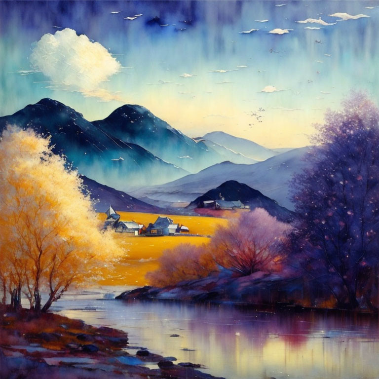 Scenic painting of serene valley with mountains, river, colorful trees, and village.