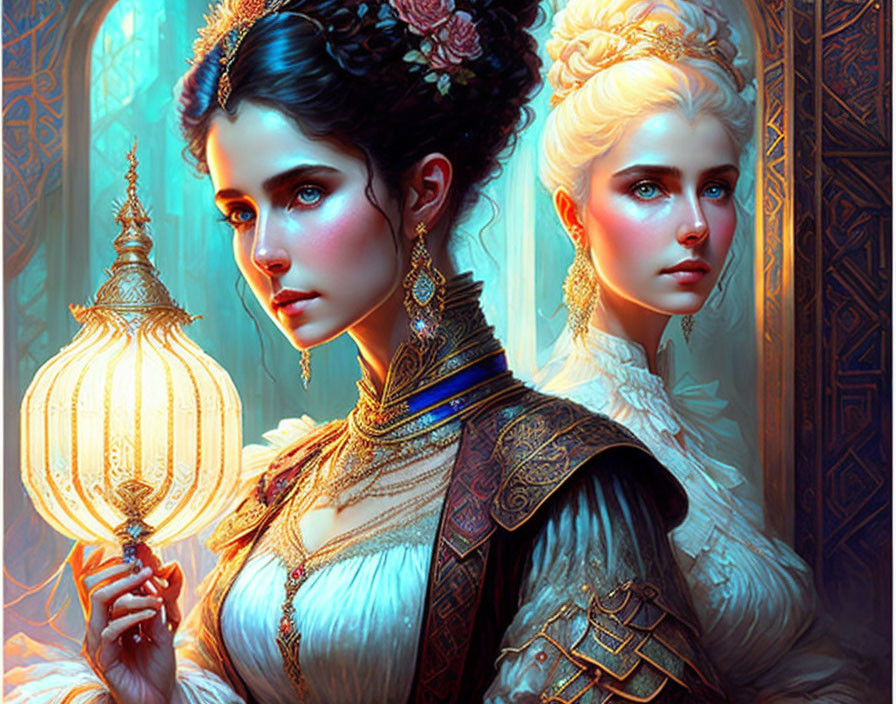 Two women in ornate historical attire with intricate hairstyles in a blue-hued lantern-lit setting