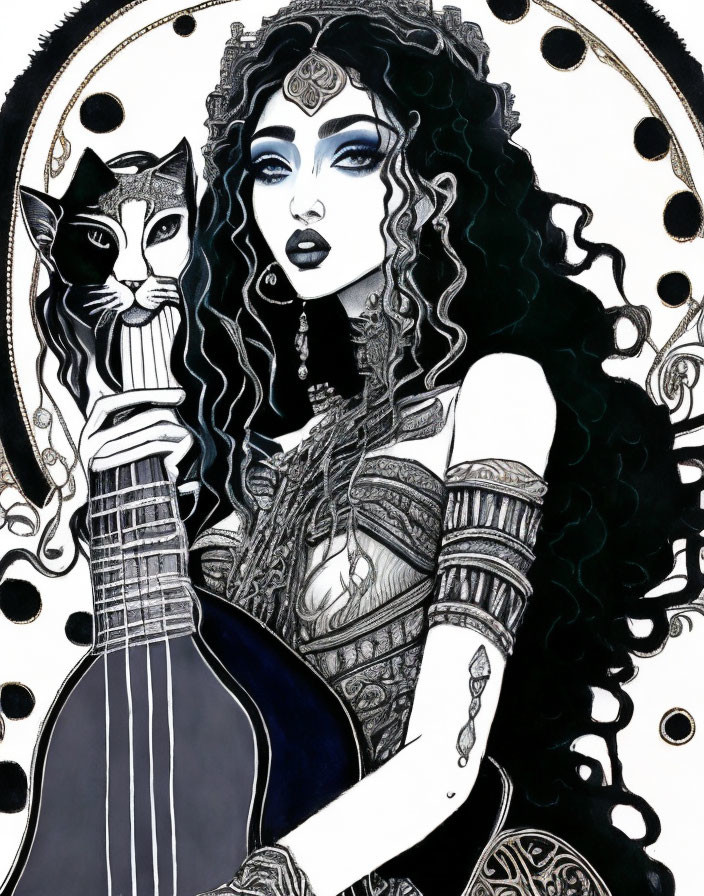 Detailed illustration of woman with wavy black hair and jewelry holding a black cat against circular backdrop