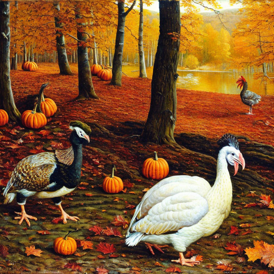 Autumn scene with white and brown turkeys, pumpkins, rooster, and golden trees