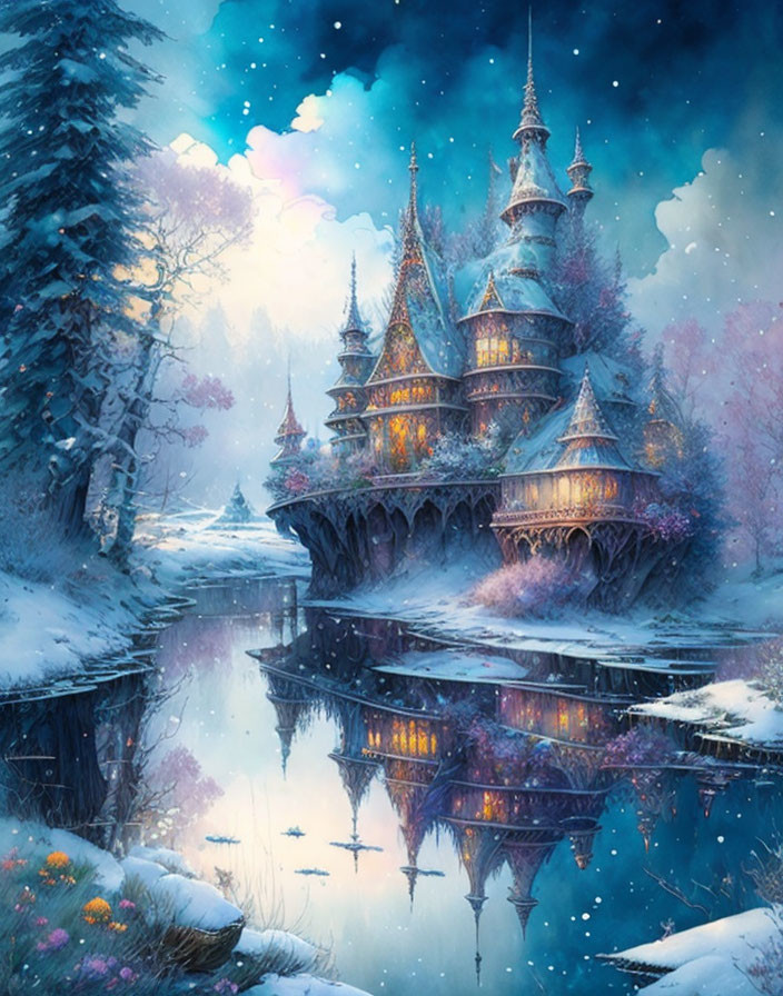 Enchanted castle in snowy forest with starry sky reflection