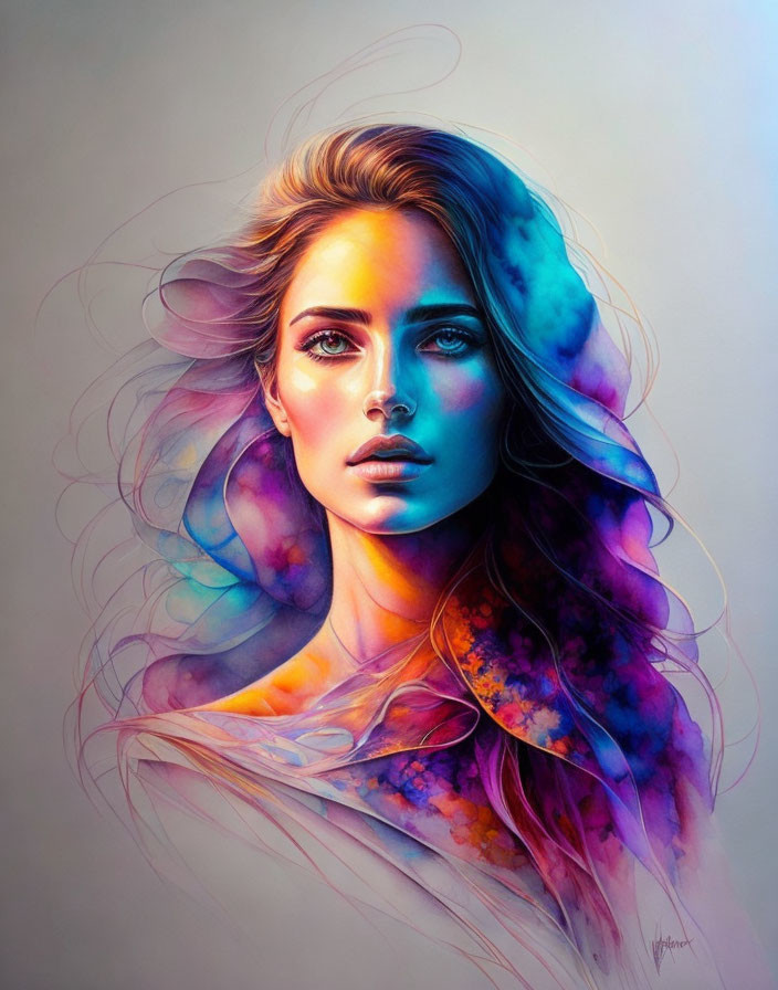 Vibrant portrait of a woman with flowing hair in abstract pastel swirls