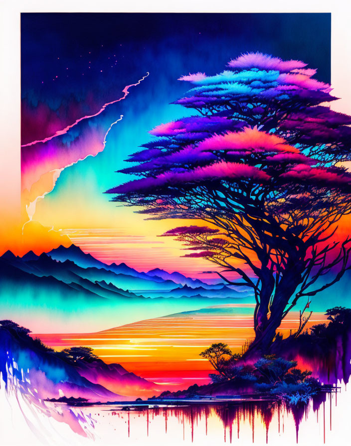 Colorful digital artwork: vivid sky, silhouetted mountains, large tree, reflective water,